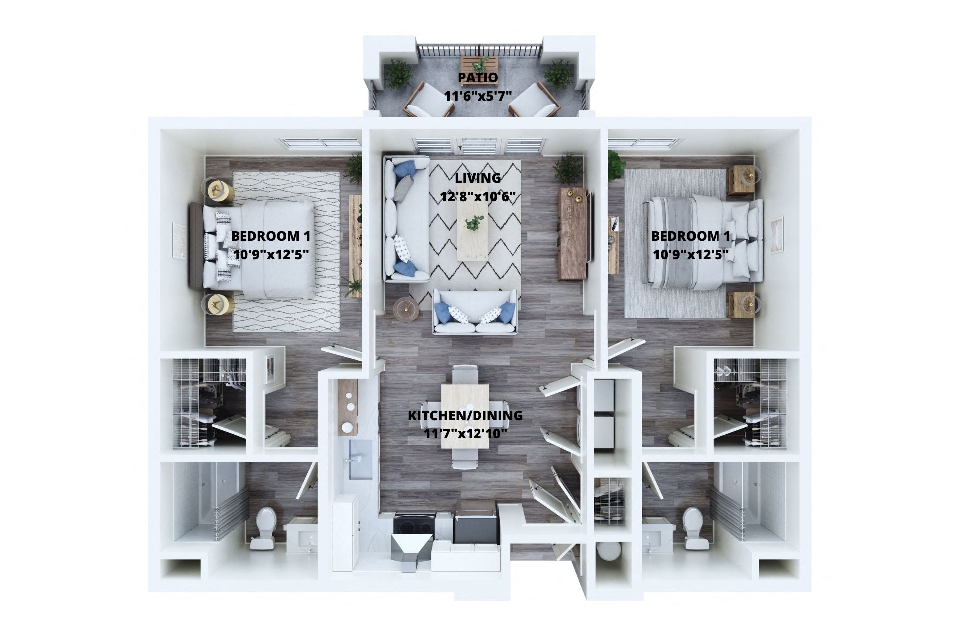 Floor plan for 2 beds, 2 baths, 865 sqft